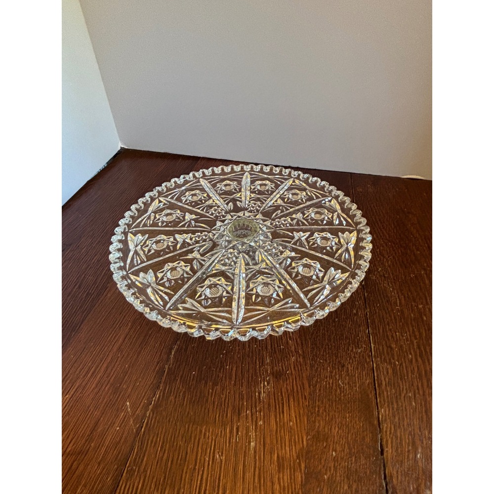 Vintage Pressed Glass Cake Stand Starburst Diamond Cut Scalloped Sawtooth 9 Inch